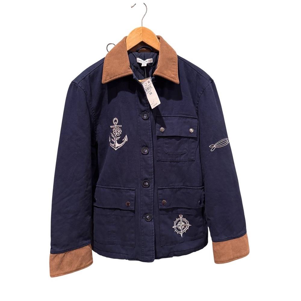 And Now This Women's Navy Blue Nautical Embroidered Chore Jacket Corduroy Trim